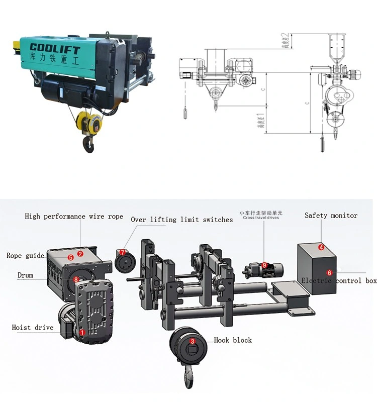 5t 9m Single Girder High Quality Lifting Equipment Electric Wire Rope Hoist